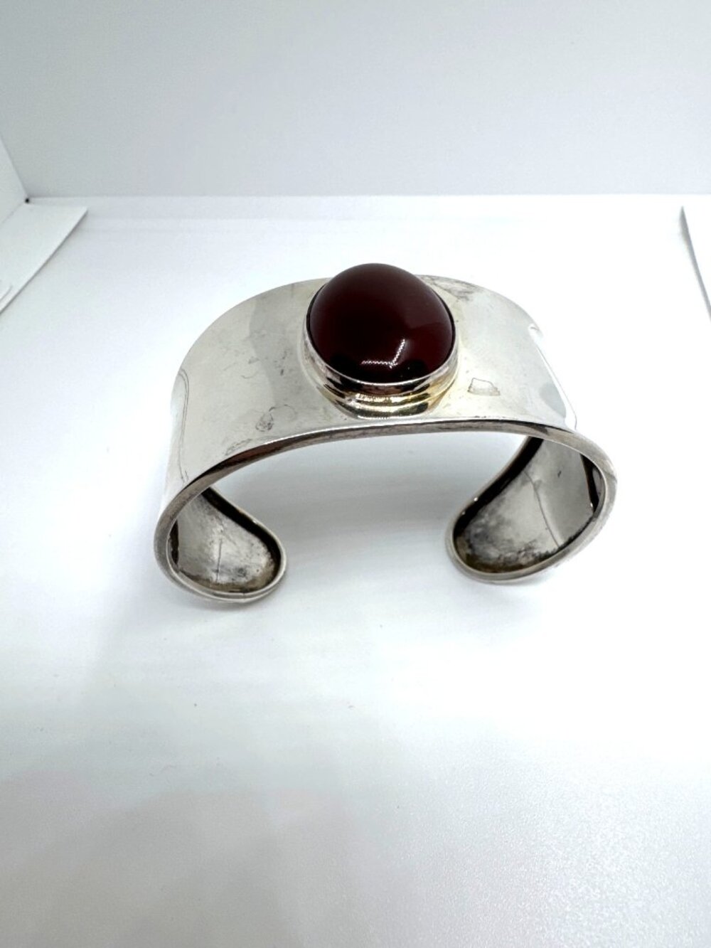 Vtg 925 Sterling Silver Mexico CII Wide Cuff Bracelet Red Carnelian Cabochon
